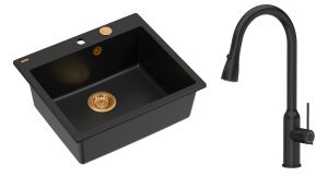Quadron Unique Zlewozmywak granitowy jednokomorowy 57*50*22 cm MORGAN 110 PURE CARBON  z syfonem Push-2-Open w kolorze miedzianym z baterią JESSICA Q LINE PURE CARBON z wyciąganą wylewką i funkcją prysznica kolor czarny mat-DARMOWA DOSTAWA
