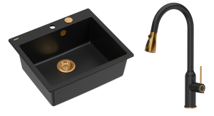 Quadron Unique Zlewozmywak granitowy jednokomorowy 57*50*22 cm MORGAN 110 PURE CARBON  z syfonem Push-2-Open w kolorze miedzianym z baterią JESSICA Q LINE PURE CARBON z wyciąganą wylewką i funkcją prysznica kolor czarny mat/ miedź-DARMOWA DOSTAWA
