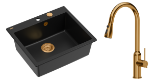 Quadron Unique Zlewozmywak granitowy jednokomorowy 57*50*22 cm MORGAN 110 PURE CARBON  z syfonem Push-2-Open w kolorze miedzianym z baterią JESSICA Q LINE z wyciąganą wylewką i funkcją prysznica kolor miedziany-DARMOWA DOSTAWA