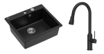 Quadron Unique Zlewozmywak granitowy jednokomorowy 57*50*22 cm MORGAN 110 PURE CARBON z syfonem Push-2-Open w kolorze stalowym z baterią JESSICA Q LINE  PURE CARBON z wyciąganą wylewką i funkcją prysznica kolor czarny mat-DARMOWA DOSTAWA