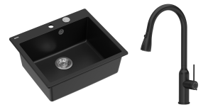 Quadron Unique Zlewozmywak granitowy jednokomorowy 57*50*22 cm MORGAN 110 PURE CARBON z syfonem Push-2-Open w kolorze stalowym z baterią JESSICA Q LINE  PURE CARBON z wyciąganą wylewką i funkcją prysznica kolor czarny mat-DARMOWA DOSTAWA