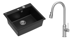 Quadron Unique Zlewozmywak granitowy jednokomorowy 57*50*22 cm MORGAN 110 PURE CARBON z syfonem Push-2-Open w kolorze stalowym z baterią JESSICA Q LINE z wyciąganą wylewką i funkcją prysznica kolor stal szczotkowana-DARMOWA DOSTAWA