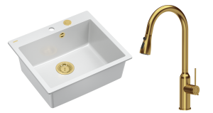 Quadron Unique Zlewozmywak granitowy jednokomorowy 57*50*22 cm MORGAN 110 SNOW WHITE z syfonem Push-2-Open w kolorze złotym z baterią JESSICA Q LINE z wyciąganą wylewką i funkcją prysznica kolor złoty-DARMOWA DOSTAWA