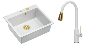 Quadron Unique Zlewozmywak granitowy jednokomorowy 57*50*22 cm MORGAN 110 SNOW WHITE z syfonem Push-2-Open w kolorze złotym z baterią JESSICA Q LINE SNOW WHITE z wyciąganą wylewką i funkcją prysznica kolor biały mat/wykończenie złote-DARMOWA DOSTAWA