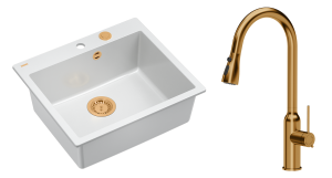 Quadron Unique Zlewozmywak granitowy jednokomorowy 57*50*22 cm MORGAN 110 SNOW WHITE z syfonem Push-2-Open w kolorze miedzianym z baterią JESSICA Q LINE z wyciąganą wylewką i funkcją prysznica kolor miedziany-DARMOWA DOSTAWA