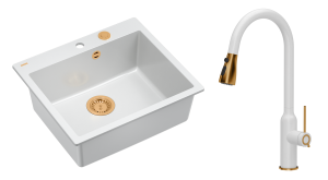 Quadron Unique Zlewozmywak granitowy jednokomorowy 57*50*22 cm MORGAN 110 SNOW WHITE z syfonem Push-2-Open w kolorze miedzianym z baterią JESSICA Q LINE z wyciąganą wylewką i funkcją prysznica kolor biały mat/wykończenie miedź-DARMOWA DOSTAWA