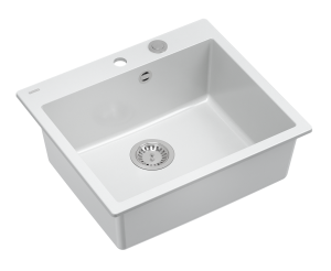 Quadron Unique Zlewozmywak granitowy jednokomorowy 57*50*22 cm MORGAN 110 SNOW WHITE z syfonem Push-2-Open w kolorze stalowym-DARMOWA DOSTAWA