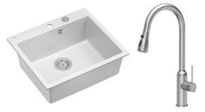 Quadron Unique Zlewozmywak granitowy jednokomorowy 57*50*22 cm MORGAN 110 SNOW WHITE z syfonem Push-2-Open w kolorze stalowym z baterią JESSICA Q LINE z wyciąganą wylewką i funkcją prysznica kolor stal szczotkowana-DARMOWA DOSTAWA