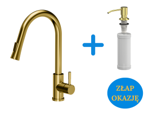 Quadron POP OKAZJA Bateria zlewozmywakowa stalowa JULIA z wyciąganą wylewką kolor złoty plus dozownik okrągły do płynu KEIRA PVD  kolor złoty