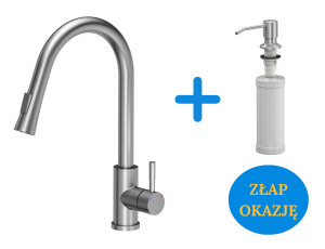 Quadron POP OKAZJA Bateria zlewozmywakowa stalowa JULIA z wyciąganą wylewką kolor stal szczotkowana plus  dozownik okrągły do płynu KEIRA SteelQ kolor stal szczotkowana