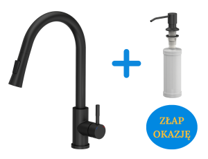 Quadron POP OKAZJA Bateria zlewozmywakowa stalowa JULIA PURE CARBON z wyciąganą wylewką kolor czarny mat plus dozownik okrągły do płynu KEIRA kolor pure carbon