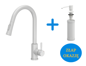 Quadron POP OKAZJA Bateria zlewozmywakowa stalowa JULIA SNOW WHITE  z wyciąganą wylewką kolor biały mat plus dozownik okrągły do płynu KEIRA kolor snow white
