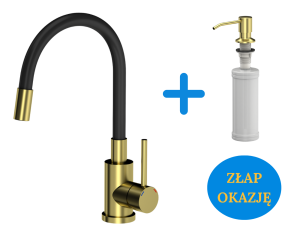 Quadron POP OKAZJA Bateria zlewozmywakowa stalowa MAGGIE  kolor złoty z elastyczną czarną wylewką plus dozownik okrągły do płynu KEIRA PVD  kolor złoty
