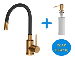 Quadron POP OKAZJA Bateria zlewozmywakowa stalowa MAGGIE  kolor miedź z elastyczną czarną wylewką plus dozownik okrągły do płynu KEIRA PVD  kolor miedziany