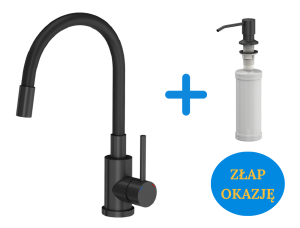 Quadron POP OKAZJA Bateria zlewozmywakowa stalowa MAGGIE PURE CARBON z elastyczną  wylewką kolor czarny mat plus dozownik okrągły do płynu KEIRA kolor pure carbon
