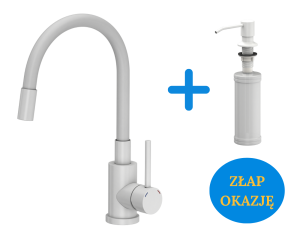 Quadron POP OKAZJA Bateria zlewozmywakowa stalowa MAGGIE SNOW WHITE kolor biały mat z elastyczną białą wylewką plus dozownik okrągły do płynu KEIRA kolor snow white