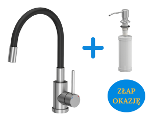 Quadron POP OKAZJA Bateria zlewozmywakowa stalowa MAGGIE z elastyczną czarną wylewką plus dozownik okrągły do płynu KEIRA SteelQ kolor stal szczotkowana