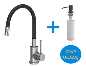 Quadron POP OKAZJA Bateria zlewozmywakowa stalowa MAGGIE z elastyczną czarną wylewką plus dozownik okrągły do płynu KEIRA kolor pure carbon