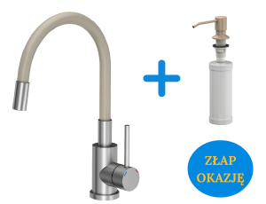 Quadron POP OKAZJA Bateria zlewozmywakowa stalowa MAGGIE z elastyczną beżową wylewką plus  dozownik okrągły do płynu KEIRA kolor river sand / piaskowy