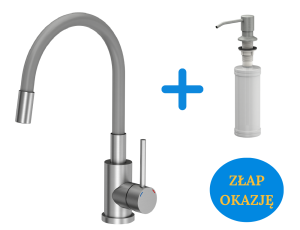 Quadron POP OKAZJA Bateria zlewozmywakowa stalowa MAGGIE z elastyczną szarą wylewką plus dozownik okrągły do płynu KEIRA kolor silver stone