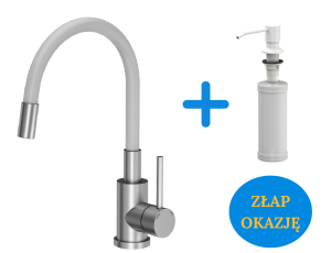 Quadron POP OKAZJA Bateria zlewozmywakowa stalowa MAGGIE z elastyczną białą wylewką plus dozownik okrągły do płynu KEIRA kolor snow white