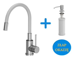 Quadron POP OKAZJA Bateria zlewozmywakowa stalowa MAGGIE z elastyczną białą wylewką  plus dozownik okrągły do płynu KEIRA SteelQ kolor stal szczotkowana