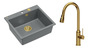 Quadron Unique Zlewozmywak granitowy jednokomorowy 57*50*22 cm MORGAN 110 SILVER STONE z syfonem Push-2-Open w kolorze złotym z baterią JESSICA Q LINE z wyciąganą wylewką i funkcją prysznica kolor złoty-DARMOWA DOSTAWA