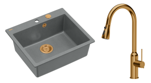 Quadron Unique Zlewozmywak granitowy jednokomorowy 57*50*22 cm MORGAN 110 SILVER STONE z syfonem Push-2-Open w kolorze miedzianym z baterią JESSICA Q LINE z wyciąganą wylewką i funkcją prysznica kolor miedziany-DARMOWA DOSTAWA