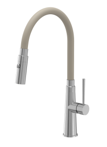 Quadron POP  Bateria zlewozmywakowa stalowa GINA STEELQ z elastyczną beżową wylewką i funkcją prysznica