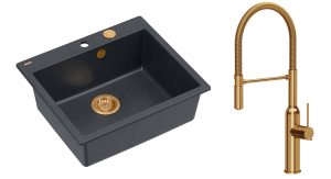 Quadron Unique Zlewozmywak granitowy jednokomorowy 57*50*22 cm MORGAN 110 BLACK DIAMOND z syfonem Push-2-Open w kolorze miedzianym z baterią MARILYN Q LINE z ruchomą wylewką kolor miedziany-DARMOWA DOSTAWA