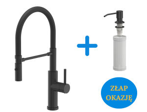 Quadron POP OKAZJA Bateria zlewozmywakowa stalowa ANDY PURE CARBON  z ruchomą wylewką na gumie i funkcją prysznica kolor czarny mat/czarny wąż plus dozownik okrągły do płynu KEIRA kolor pure carbon