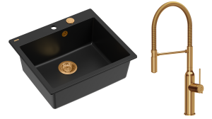 Quadron Unique Zlewozmywak granitowy jednokomorowy 57*50*22 cm MORGAN 110 PURE CARBON  z syfonem Push-2-Open w kolorze miedzianym odpływem z baterią MARILYN Q LINE z ruchomą wylewką kolor miedziany-DARMOWA DOSTAWA