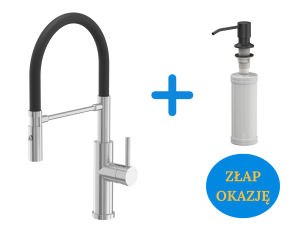 Quadron POP OKAZJA Bateria zlewozmywakowa stalowa ANDY STEELQ  z ruchomą wylewką na gumie i funkcją prysznica kolor stal szlachetna/czarny wąż plus dozownik okrągły do płynu KEIRA kolor pure carbon