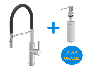 Quadron POP OKAZJA Bateria zlewozmywakowa stalowa ANDY STEELQ  z ruchomą wylewką na gumie i funkcją prysznica kolor stal szlachetna/czarny wąż plus dozownik okrągły do płynu KEIRA SteelQ kolor stal szczotkowana