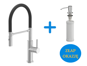 Quadron POP OKAZJA Bateria zlewozmywakowa stalowa ANDY STEELQ  z ruchomą wylewką na gumie i funkcją prysznica kolor stal szlachetna/czarny wąż plus dozownik okrągły do płynu KEIRA kolor chrom
