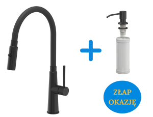 Quadron POP OKAZJA Bateria zlewozmywakowa stalowa GINA PURE CARBON z elastyczną czarną wylewką i funkcją prysznica plus dozownik okrągły do płynu KEIRA kolor pure carbon