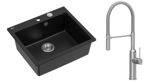 Quadron Unique Zlewozmywak granitowy jednokomorowy 57*50*22 cm MORGAN 110 PURE CARBON z syfonem Push-2-Open w kolorze stalowym z baterią  MARILYN Q LINE z ruchomą wylewką kolor stal szczotkowana-DARMOWA DOSTAWA