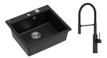Quadron Unique Zlewozmywak granitowy jednokomorowy 57*50*22 cm MORGAN 110 PURE CARBON z syfonem Push-2-Open w kolorze stalowym z baterią  MARILYN Q LINE PURE CARBON z ruchomą wylewką kolor czarny-DARMOWA DOSTAWA