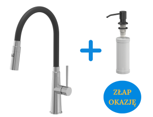 Quadron POP OKAZJA Bateria zlewozmywakowa stalowa GINA STEELQ z elastyczną czarną wylewką i funkcją prysznica plus dozownik okrągły do płynu KEIRA kolor pure carbon