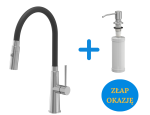Quadron POP OKAZJA Bateria zlewozmywakowa stalowa GINA STEELQ z elastyczną czarną wylewką i funkcją prysznica plus dozownik okrągły do płynu KEIRA kolor stal szczotkowana