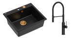 Quadron Unique Zlewozmywak granitowy jednokomorowy 57*50*22 cm MORGAN 110 PURE CARBON  z syfonem Push-2-Open w kolorze miedzianym z baterią MARILYN Q LINE PURE CARBON z ruchomą wylewką kolor czarny-DARMOWA DOSTAWA