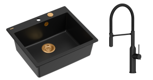 Quadron Unique Zlewozmywak granitowy jednokomorowy 57*50*22 cm MORGAN 110 PURE CARBON  z syfonem Push-2-Open w kolorze miedzianym z baterią MARILYN Q LINE PURE CARBON z ruchomą wylewką kolor czarny-DARMOWA DOSTAWA