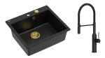 Quadron Unique Zlewozmywak granitowy jednokomorowy 57*50*22 cm MORGAN 110 PURE CARBON z syfonem Push-2-Open w kolorze złotym z baterią MARILYN Q LINE PURE CARBON z ruchomą wylewką kolor czarny-DARMOWA DOSTAWA