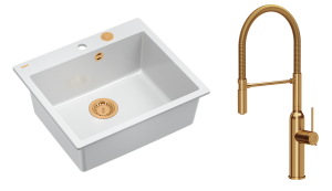 Quadron Unique Zlewozmywak granitowy jednokomorowy 57*50*22 cm MORGAN 110 SNOW WHITE z syfonem Push-2-Open w kolorze miedzianym z baterią MARILYN Q LINE z ruchomą wylewką kolor miedziany-DARMOWA DOSTAWA