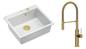Quadron Unique Zlewozmywak granitowy jednokomorowy 57*50*22 cm MORGAN 110 SNOW WHITE z syfonem Push-2-Open w kolorze złotym z baterią MARILYN Q LINE z ruchomą wylewką kolor złoty-DARMOWA DOSTAWA