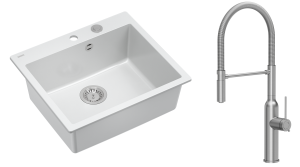 Quadron Unique Zlewozmywak granitowy jednokomorowy 57*50*22 cm MORGAN 110 SNOW WHITE z syfonem Push-2-Open w kolorze stalowym z baterią  MARILYN Q LINE z ruchomą wylewką kolor stal szczotkowana-DARMOWA DOSTAWA