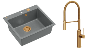 Quadron Unique Zlewozmywak granitowy jednokomorowy 57*50*22 cm MORGAN 110 SILVER STONE z syfonem Push-2-Open w kolorze miedzianym  z baterią MARILYN Q LINE z ruchomą wylewką kolor miedziany-DARMOWA DOSTAWA