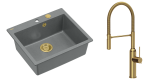 Quadron Unique Zlewozmywak granitowy jednokomorowy 57*50*22 cm MORGAN 110 SILVER STONE z syfonem Push-2-Open w kolorze złotym z baterią MARILYN Q LINE z ruchomą wylewką kolor złoty-DARMOWA DOSTAWA