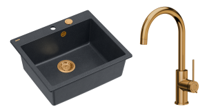 Quadron Unique Zlewozmywak granitowy jednokomorowy 57*50*22 cm MORGAN 110 BLACK DIAMOND z syfonem Push-2-Open w kolorze miedzianym z baterią JODIE Q LINE SLIM kolor miedziany-DARMOWA DOSTAWA