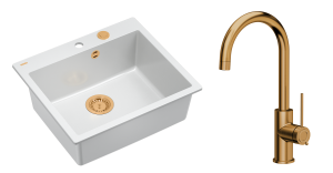 Quadron Unique Zlewozmywak granitowy jednokomorowy 57*50*22 cm MORGAN 110 SNOW WHITE z syfonem Push-2-Open w kolorze miedzianym z baterią JODIE Q LINE SLIM kolor miedziany-DARMOWA DOSTAWA